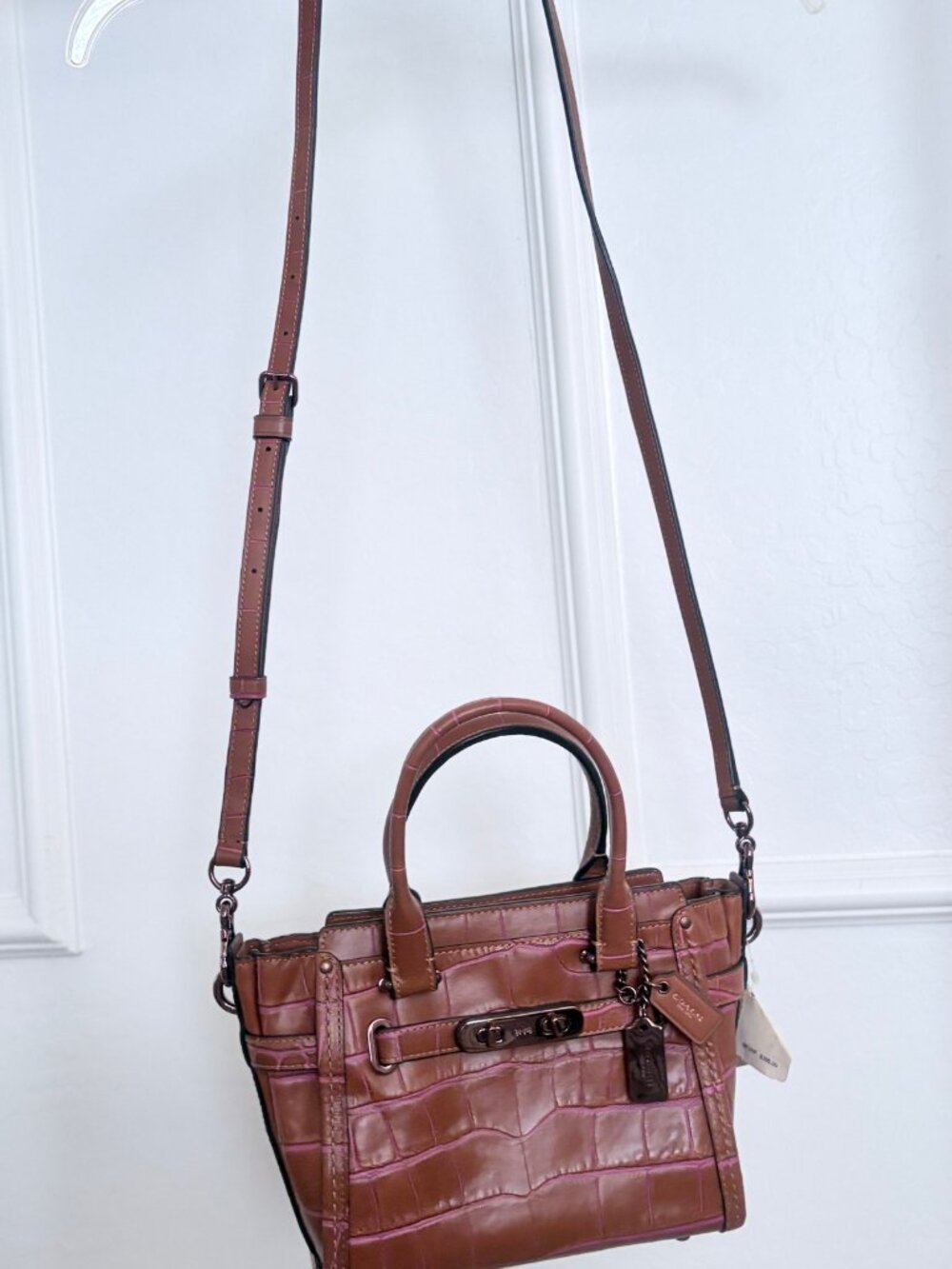 NWT Coach Swagger 21 Croc-Embossed Leather Satchel - Brown